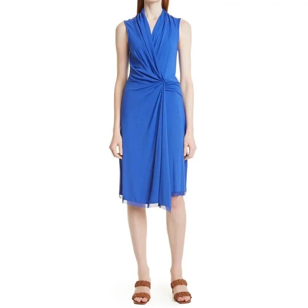 Kobi Halperin Draped Midi Dress Royal Blue Twist Front Silk Trim Luxury M/L